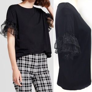 Black Ruffle Sleeve T-Shirt Who What Wear Sz L NWT